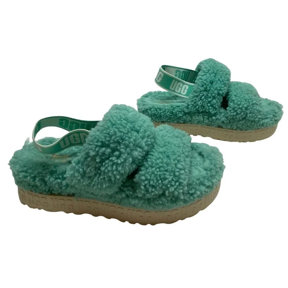 UGG Oh Fluffita Curly Sheepskin Strappy Slippers Green Size 9